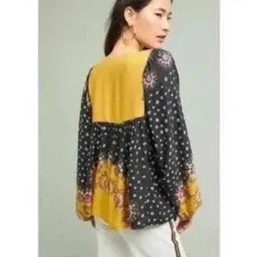 FARM Rio Black Floral Blouse with Mustard Yoke and Hem